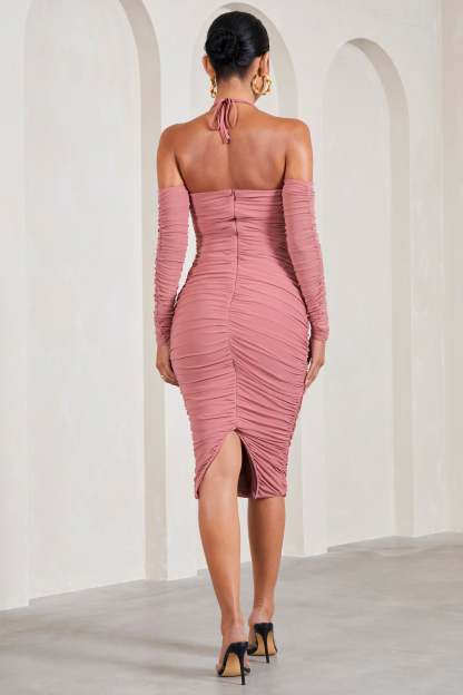 Pixie Blush Pink Ruched Long-Sleeved Halter-Neck Maternity Midi Dress-Fashionmomo.All Rights Reserved
