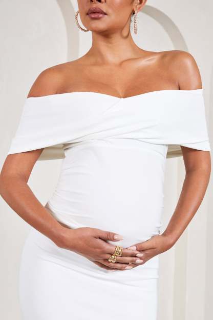 Carmen White Bardot Maternity Maxi Dress-Fashionmomo.All Rights Reserved