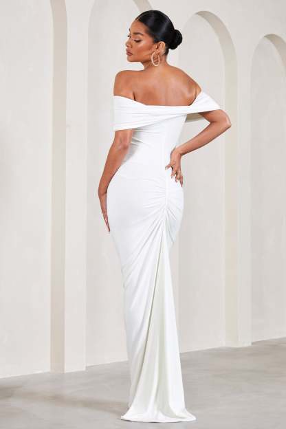 Carmen White Bardot Maternity Maxi Dress-Fashionmomo.All Rights Reserved