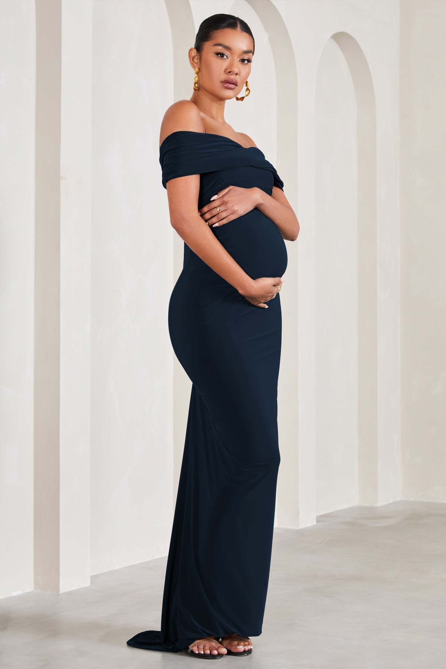 Carmen Navy Bardot Maternity Maxi Dress-Fashionmomo.All Rights Reserved
