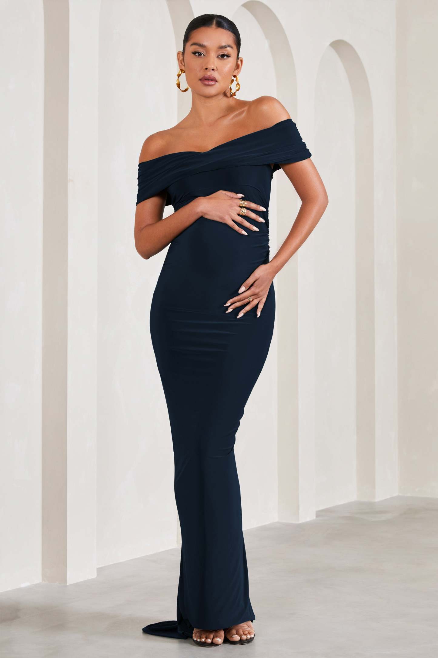 Carmen Navy Bardot Maternity Maxi Dress-Fashionmomo.All Rights Reserved
