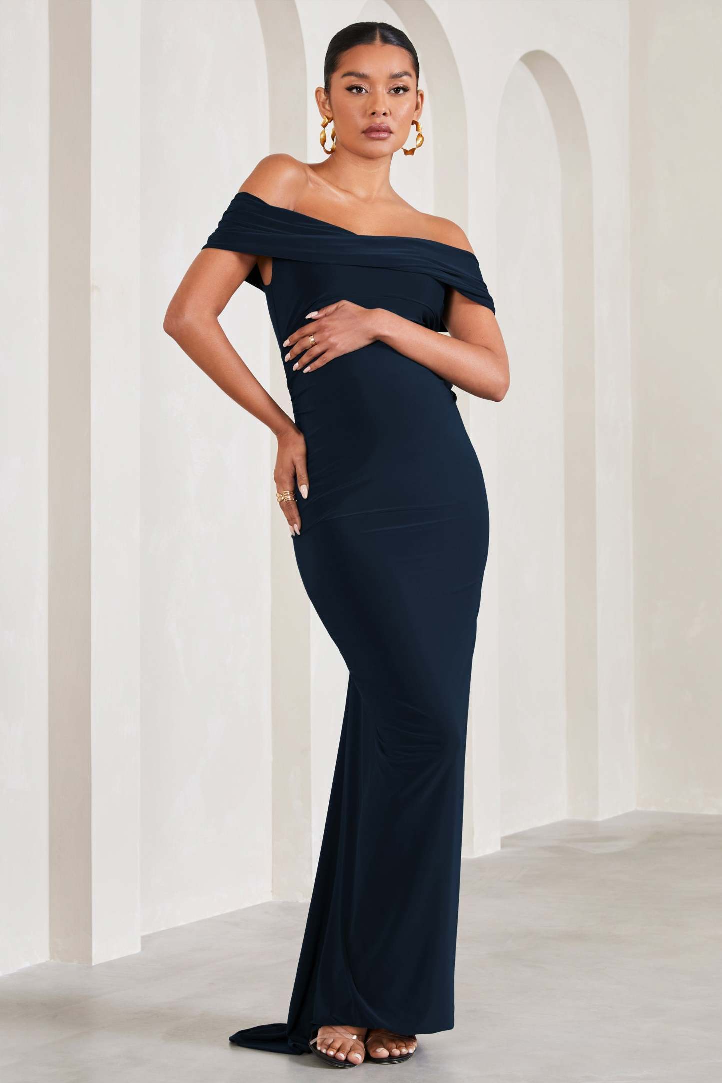 Carmen Navy Bardot Maternity Maxi Dress-Fashionmomo.All Rights Reserved