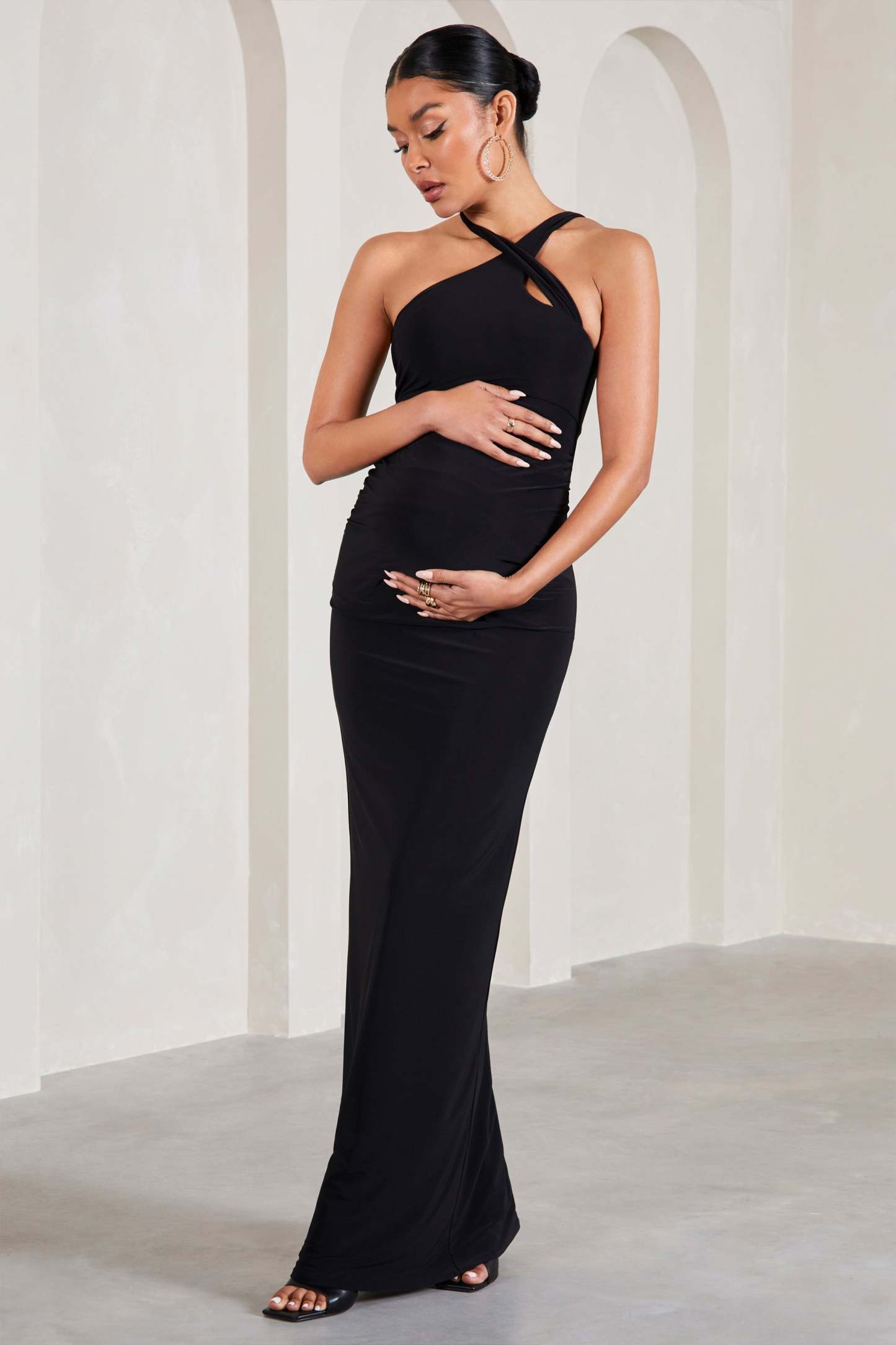 Gracie Black Strappy Asymmetric Sleeveless Maternity Maxi Dress-Fashionmomo.All Rights Reserved