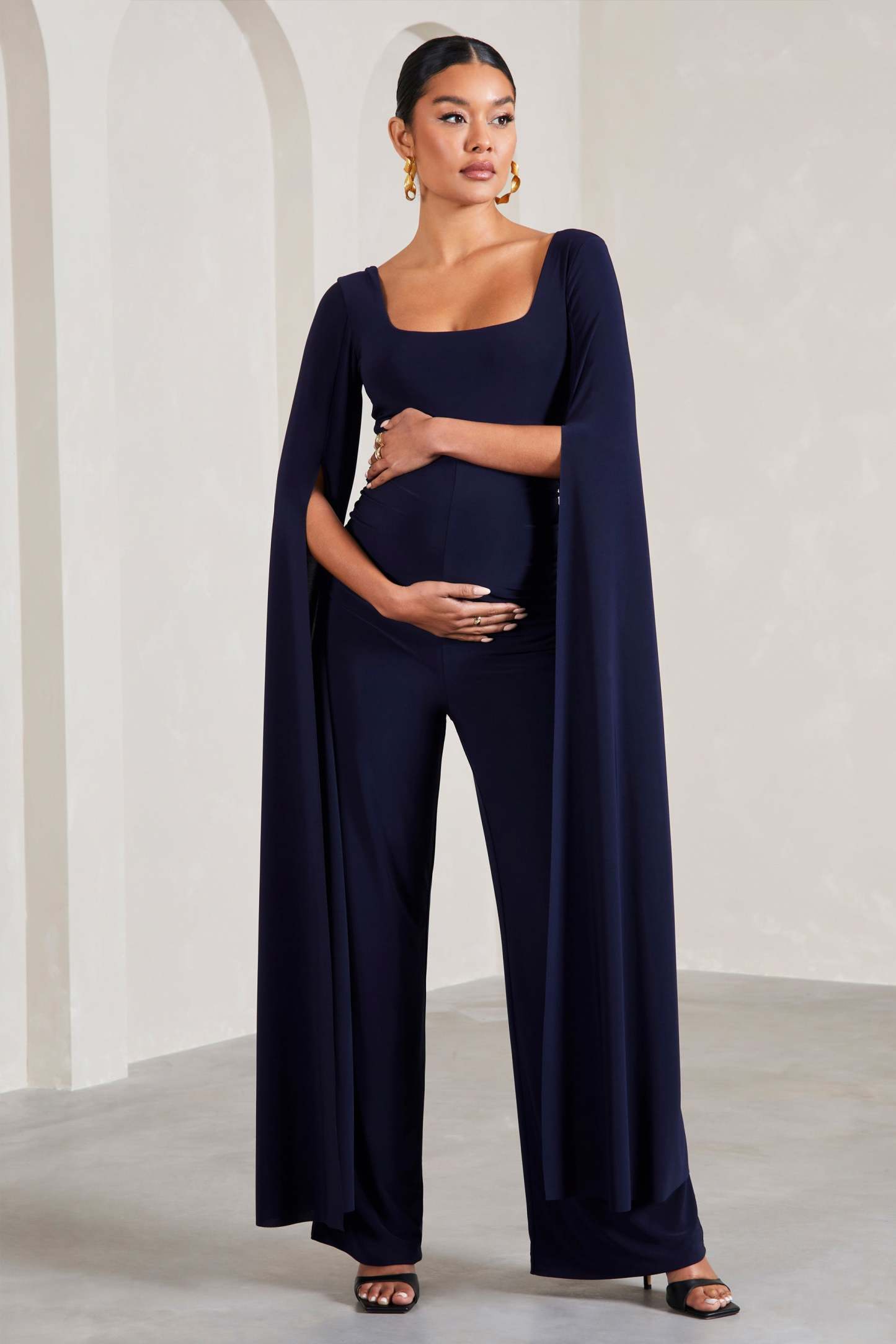 Faith Navy Square-Neck Straight-Leg Maternity Jumpsuit With Cape Sleeves-Fashionmomo.All Rights Reserved