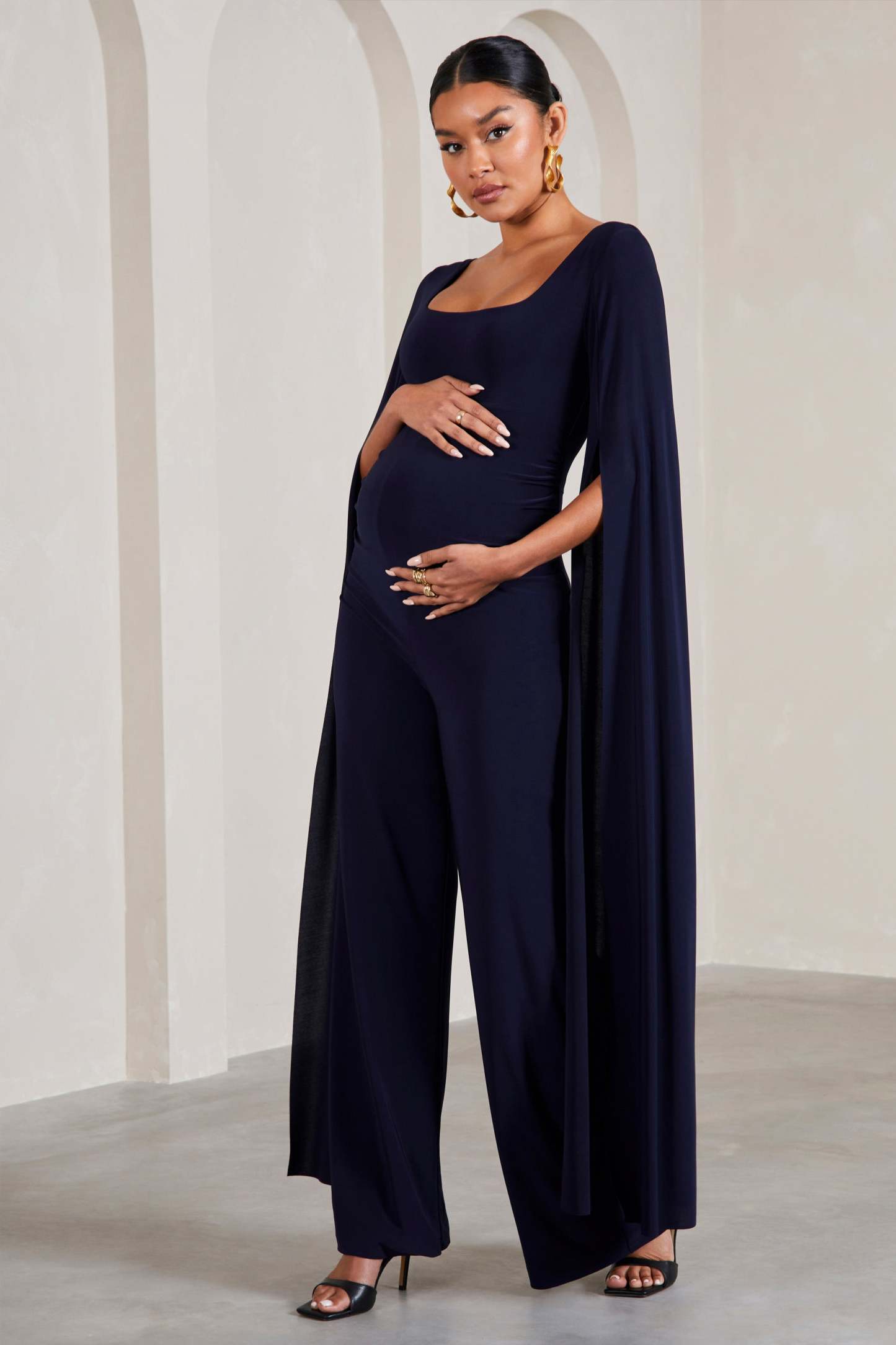 Faith Navy Square-Neck Straight-Leg Maternity Jumpsuit With Cape Sleeves-Fashionmomo.All Rights Reserved