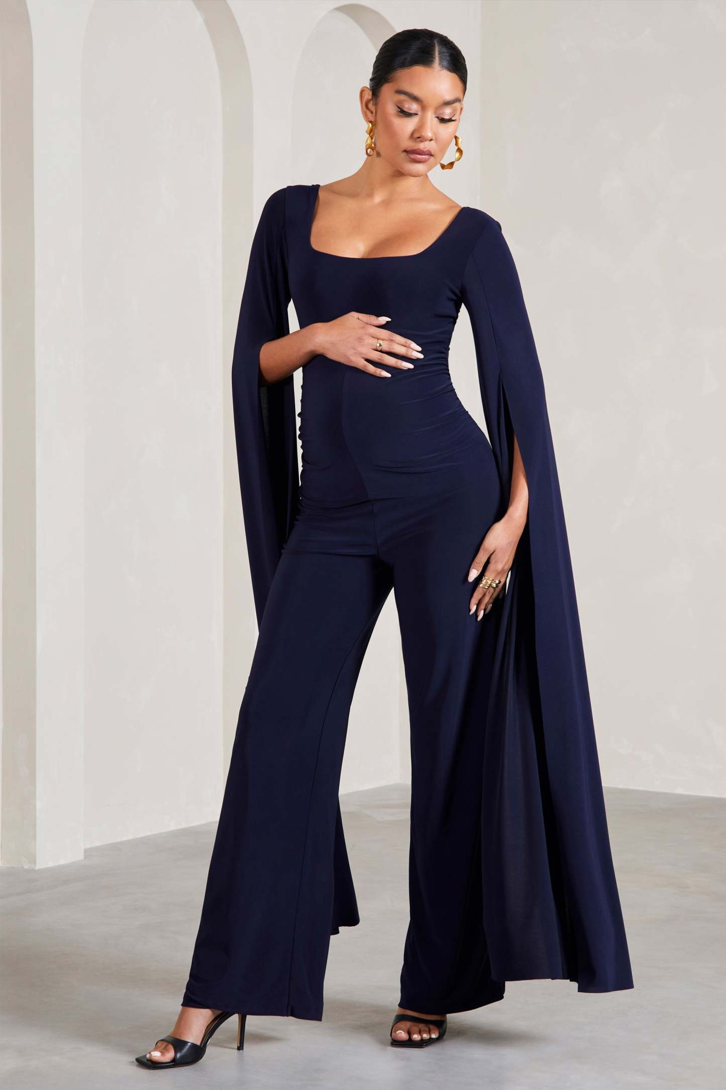 Faith Navy Square-Neck Straight-Leg Maternity Jumpsuit With Cape Sleeves-Fashionmomo.All Rights Reserved