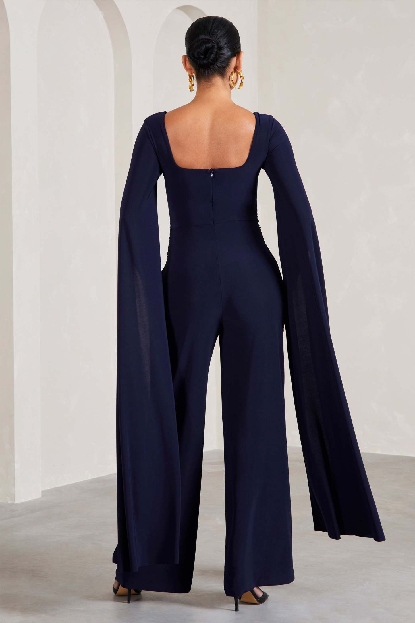 Faith Navy Square-Neck Straight-Leg Maternity Jumpsuit With Cape Sleeves-Fashionmomo.All Rights Reserved