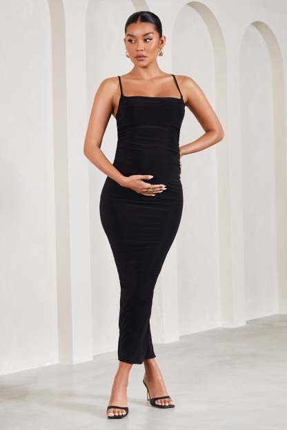 Azalea Black Strappy Square-Neck Maternity Maxi Dress-Fashionmomo.All Rights Reserved
