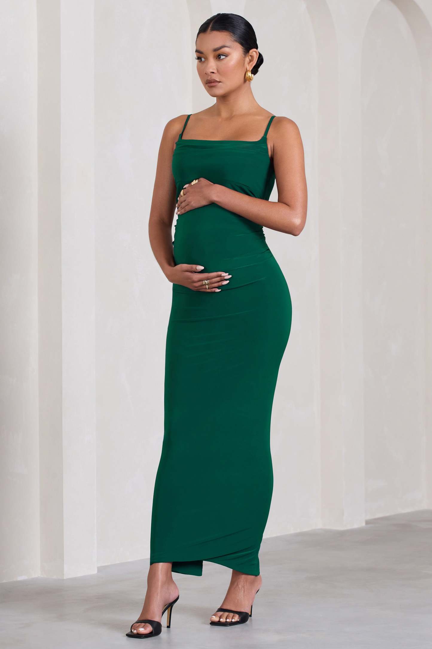 Azalea Bottle Green Strappy Square-Neck Maternity Maxi Dress-Fashionmomo.All Rights Reserved