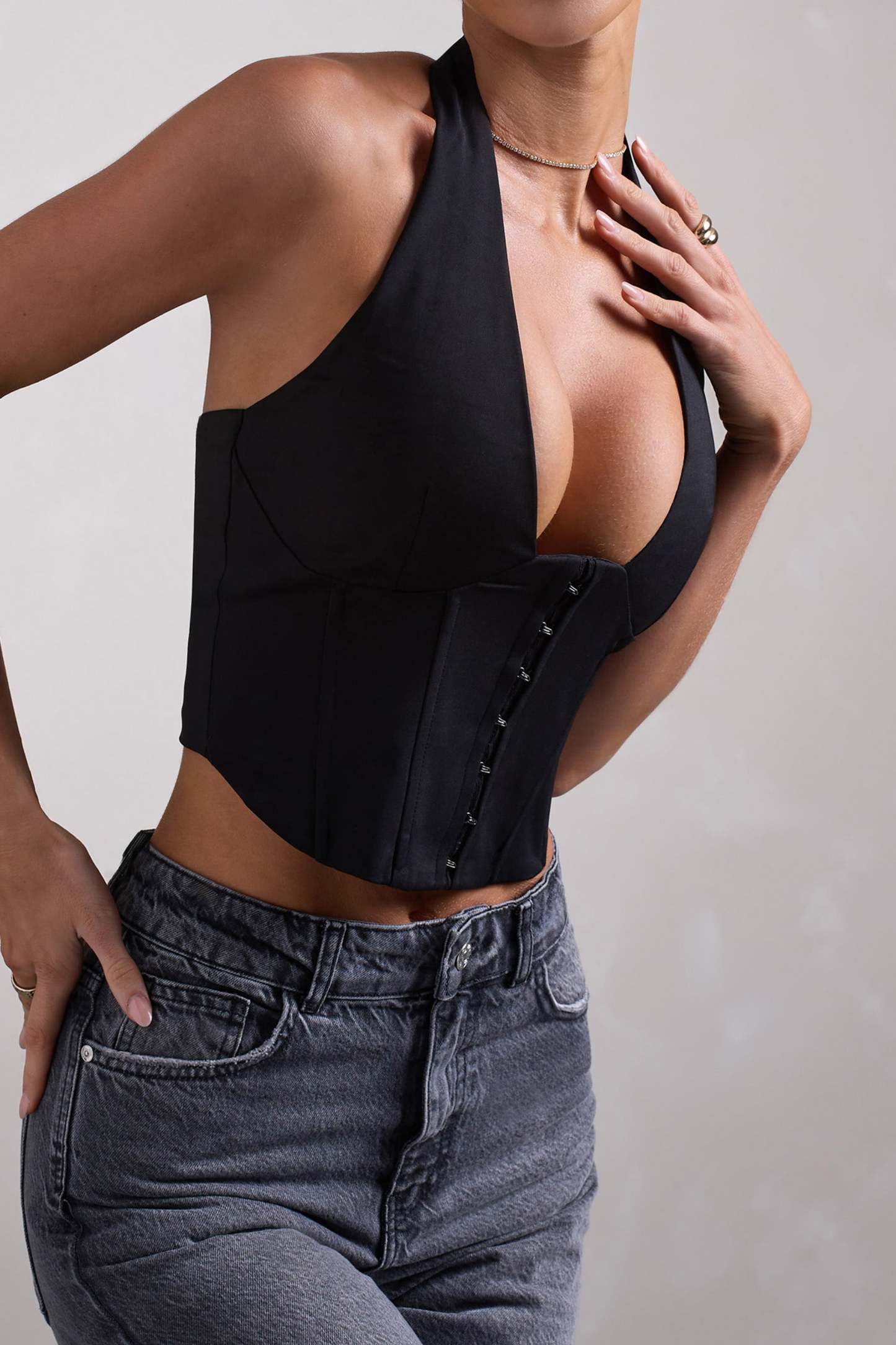 Fame Black Plunging Halter-Neck Corset Top-Fashionmomo.All Rights Reserved