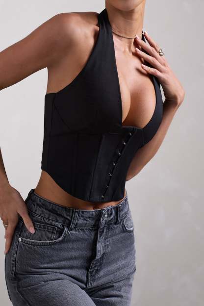 Fame Black Plunging Halter-Neck Corset Top-Fashionmomo.All Rights Reserved