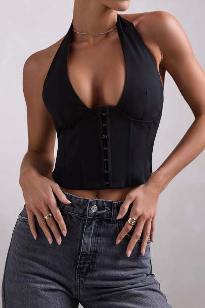 Fame Black Plunging Halter-Neck Corset Top-Fashionmomo.All Rights Reserved