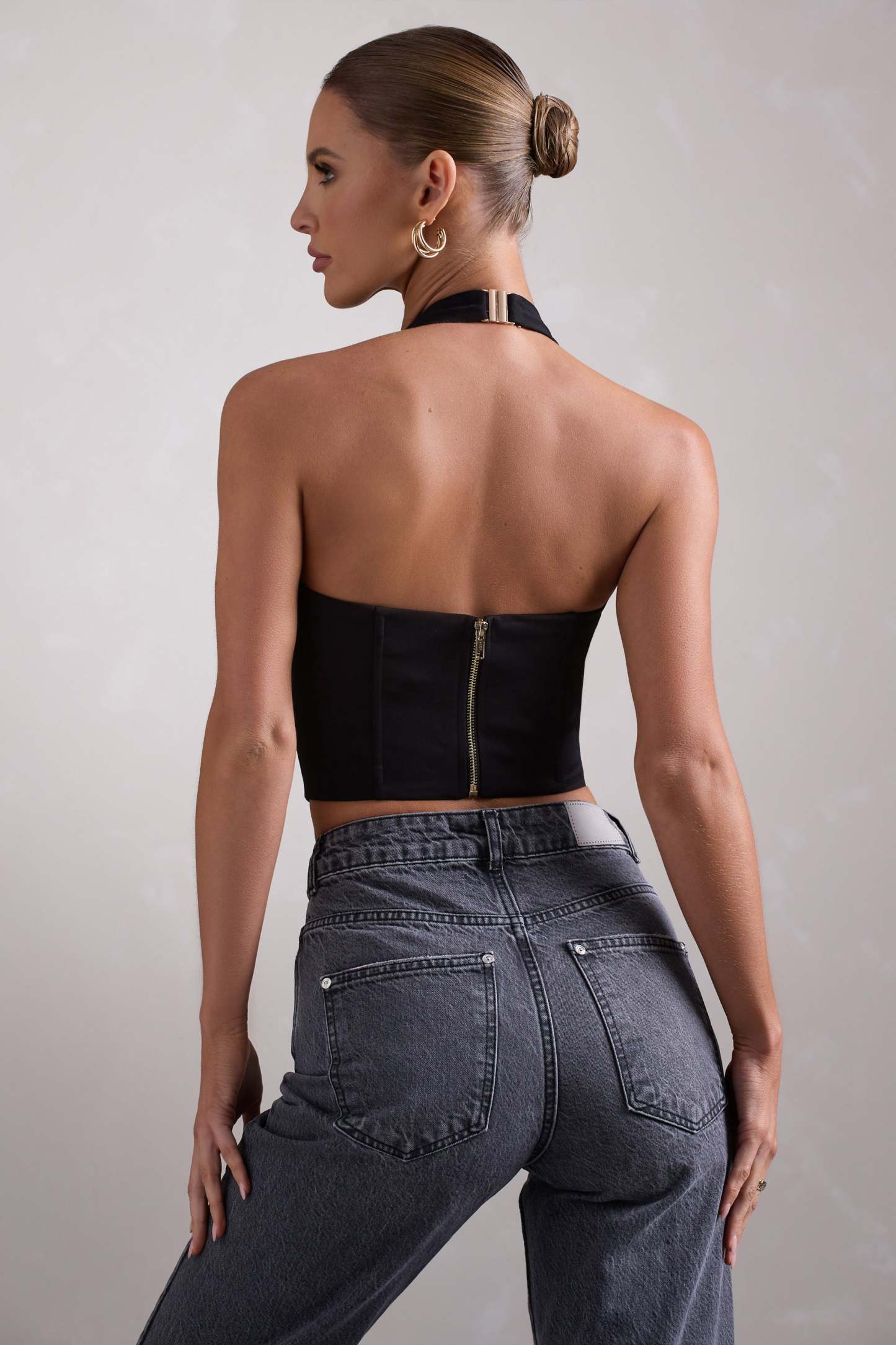 Fame Black Plunging Halter-Neck Corset Top-Fashionmomo.All Rights Reserved
