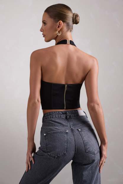 Fame Black Plunging Halter-Neck Corset Top-Fashionmomo.All Rights Reserved