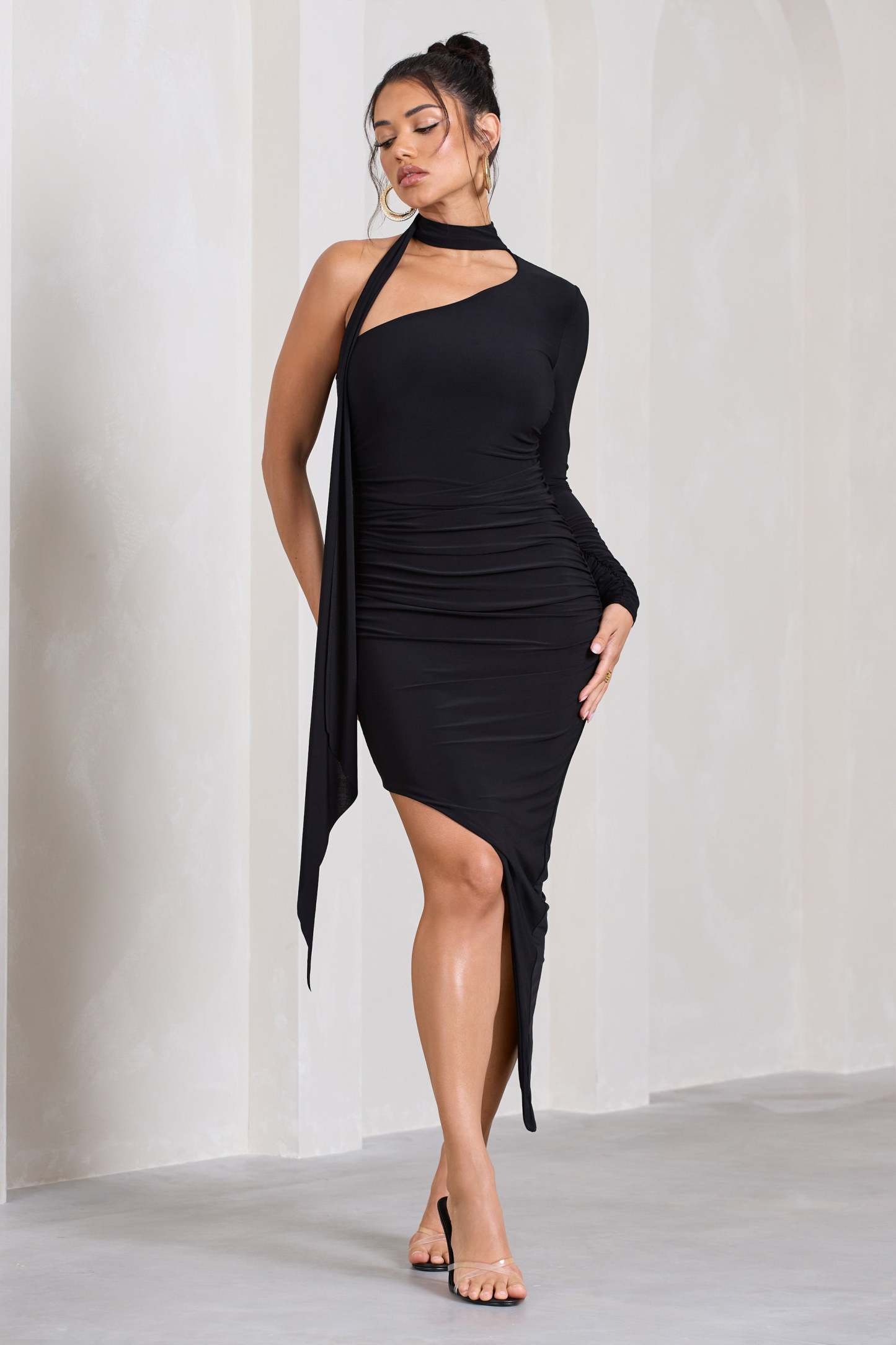 Firestorm Black Asymmetric One-Sleeved Midi Dress With Scarf-Fashionmomo.All Rights Reserved