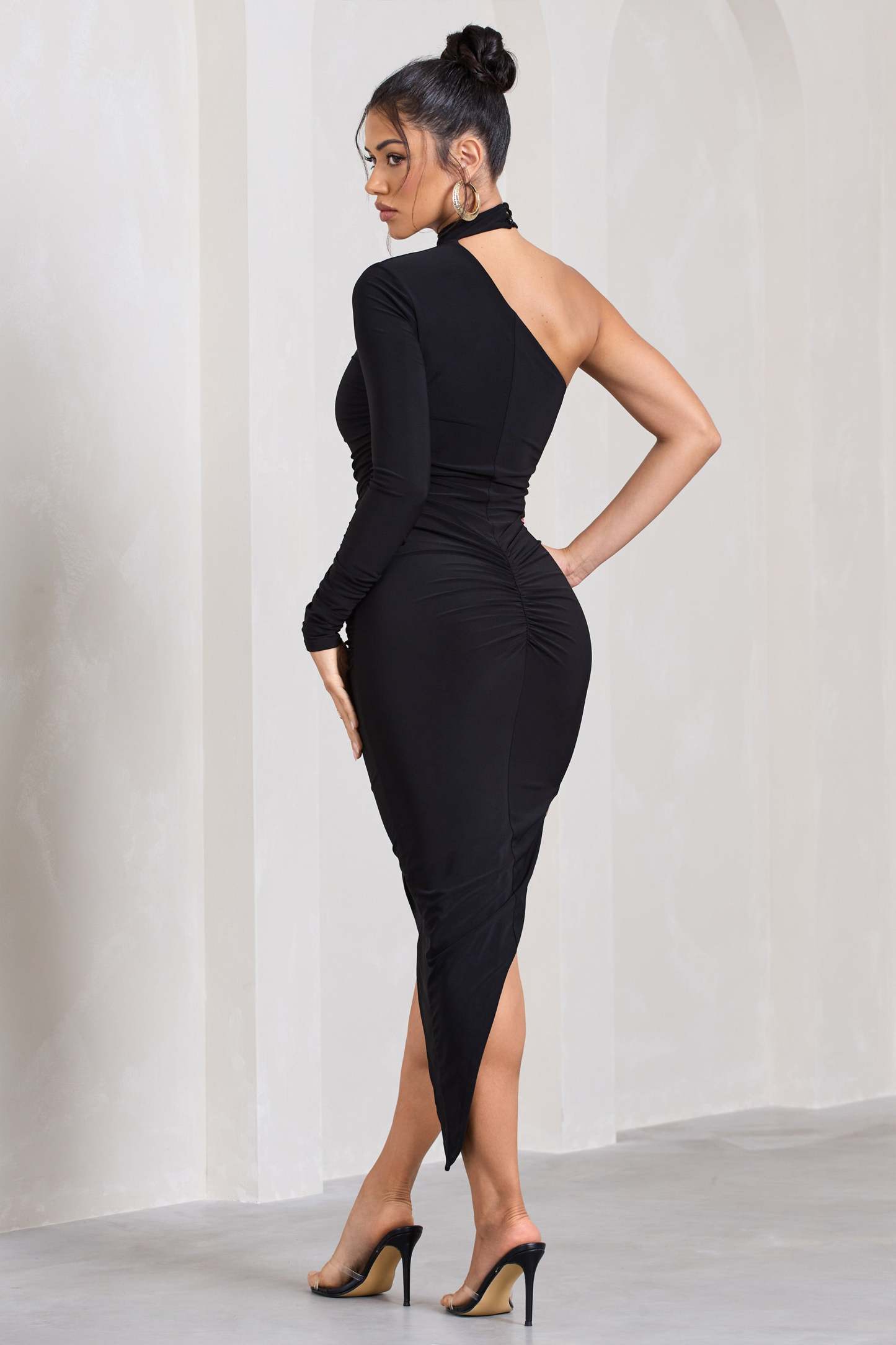Firestorm Black Asymmetric One-Sleeved Midi Dress With Scarf-Fashionmomo.All Rights Reserved