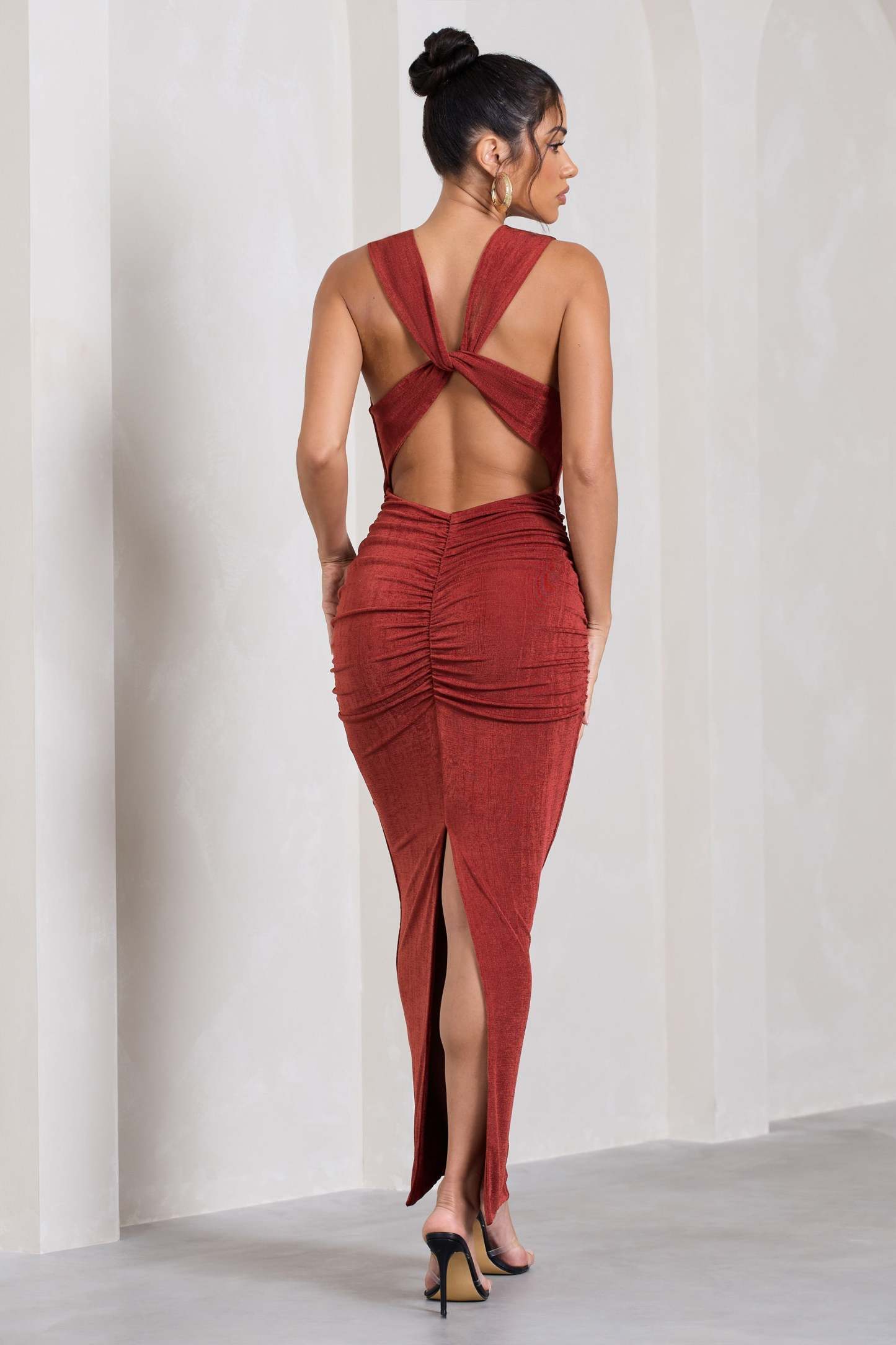 Finely Formed Rust Red Ruched Cowl-Neck Bodycon Maxi Dress-Fashionmomo.All Rights Reserved