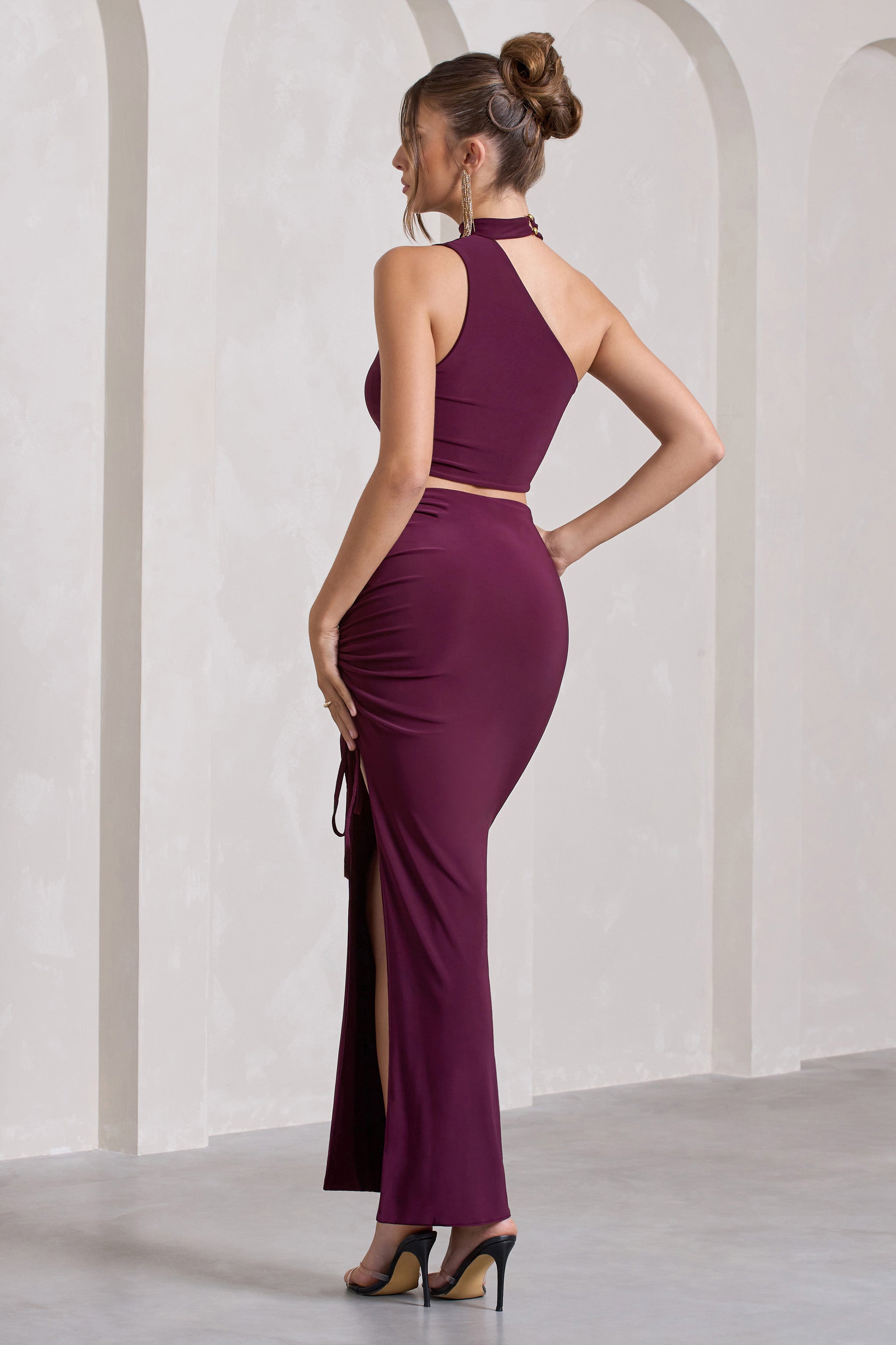 In The Air Plum Ruched Asymmetric High-Waisted Maxi Skirt-Fashionmomo.All Rights Reserved