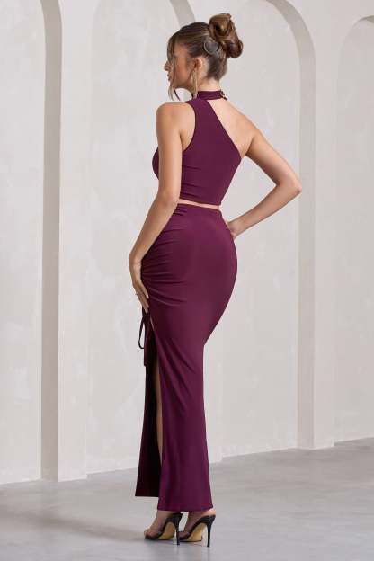 In The Air Plum Ruched Asymmetric High-Waisted Maxi Skirt-Fashionmomo.All Rights Reserved