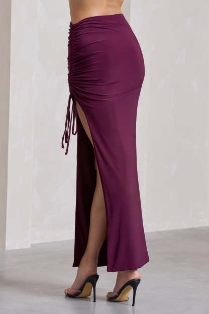 In The Air Plum Ruched Asymmetric High-Waisted Maxi Skirt-Fashionmomo.All Rights Reserved