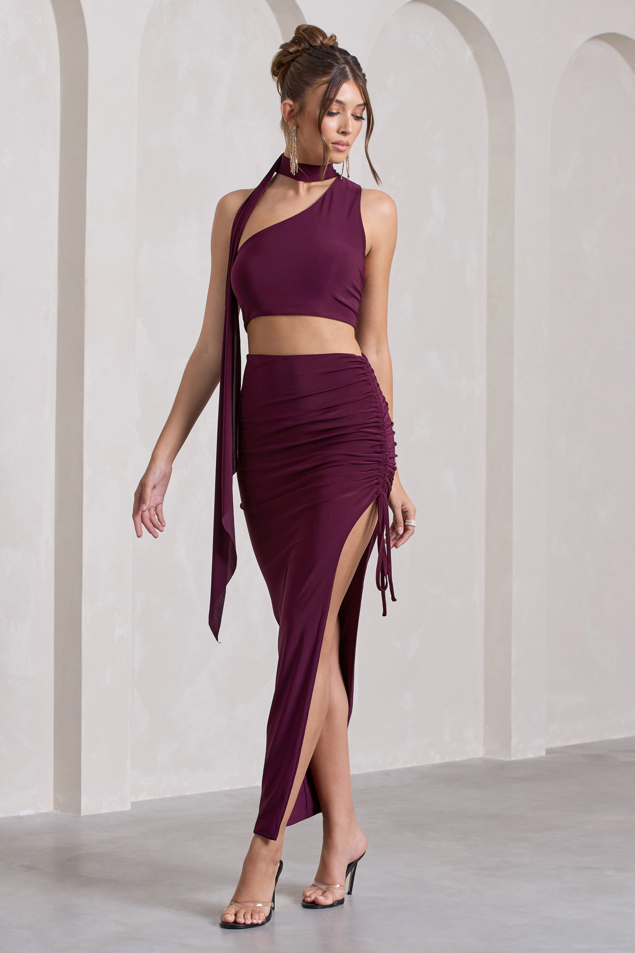 In The Air Plum Ruched Asymmetric High-Waisted Maxi Skirt-Fashionmomo.All Rights Reserved