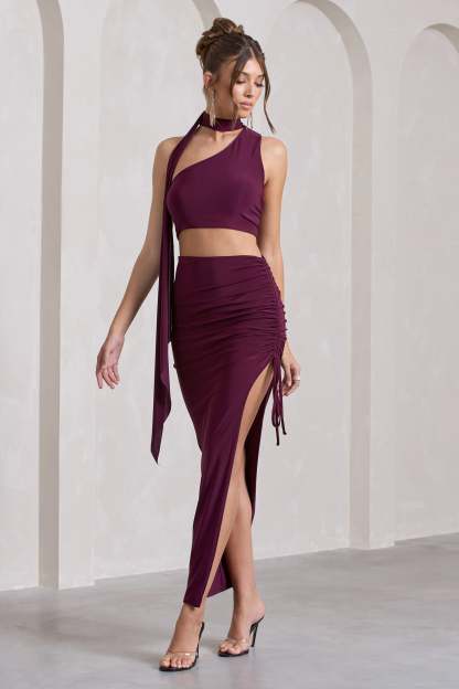 In The Air Plum Ruched Asymmetric High-Waisted Maxi Skirt-Fashionmomo.All Rights Reserved