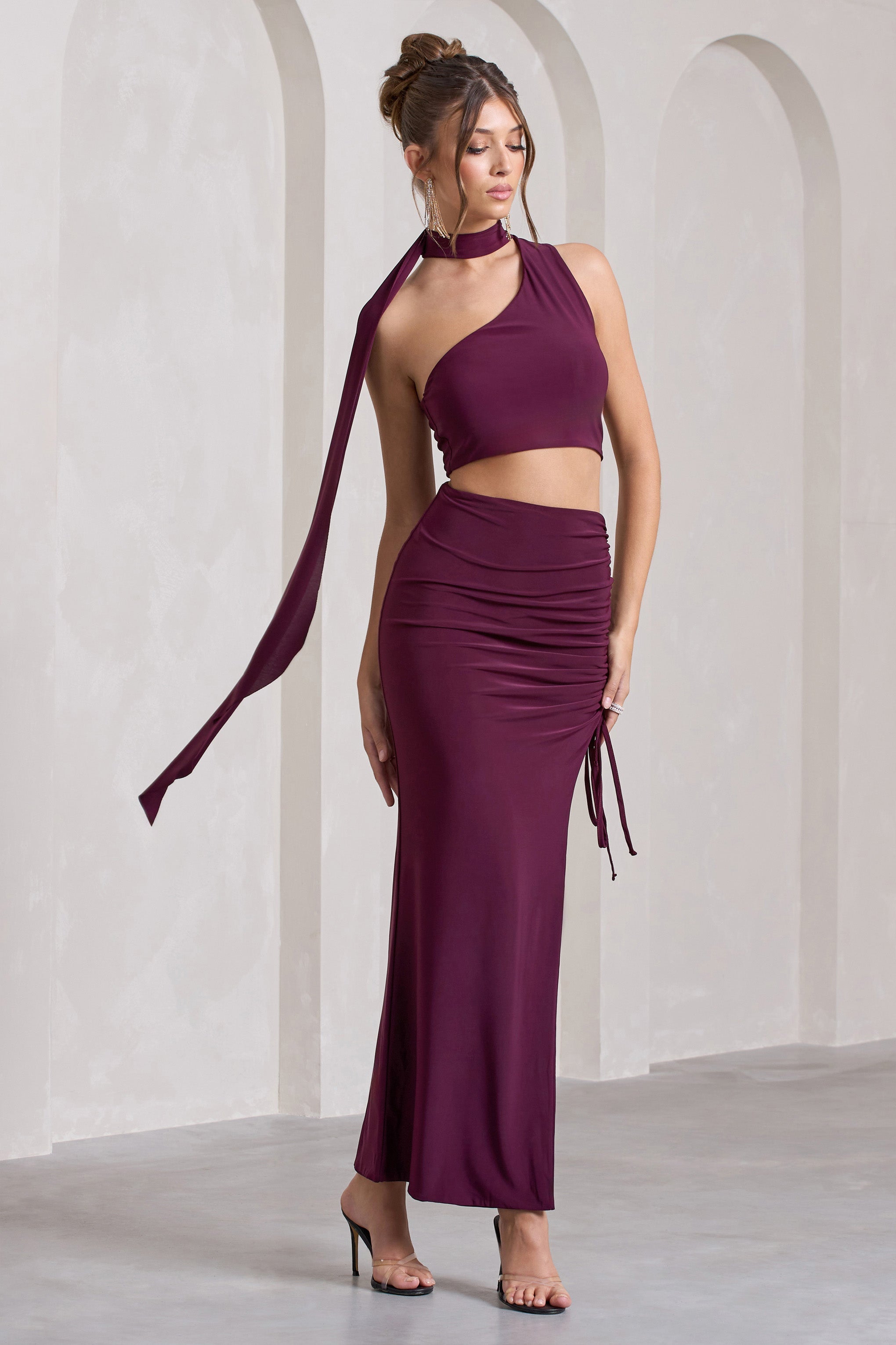 In The Air Plum Ruched Asymmetric High-Waisted Maxi Skirt-Fashionmomo.All Rights Reserved