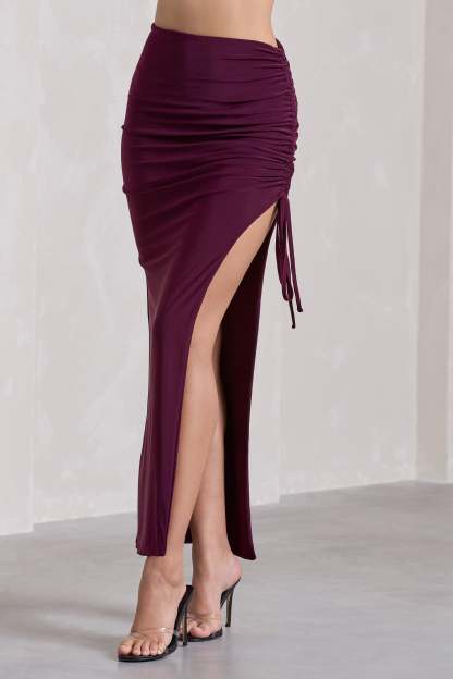 In The Air Plum Ruched Asymmetric High-Waisted Maxi Skirt-Fashionmomo.All Rights Reserved