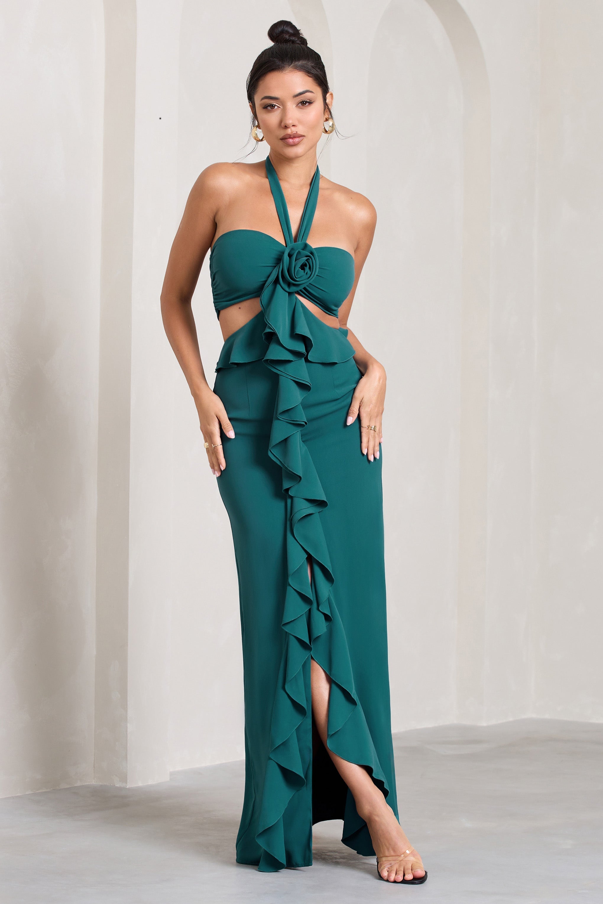 Powerful Petrol Blue Cut-Out Halter-Neck Maxi Dress With Flower & Ruffles-Fashionmomo.All Rights Reserved
