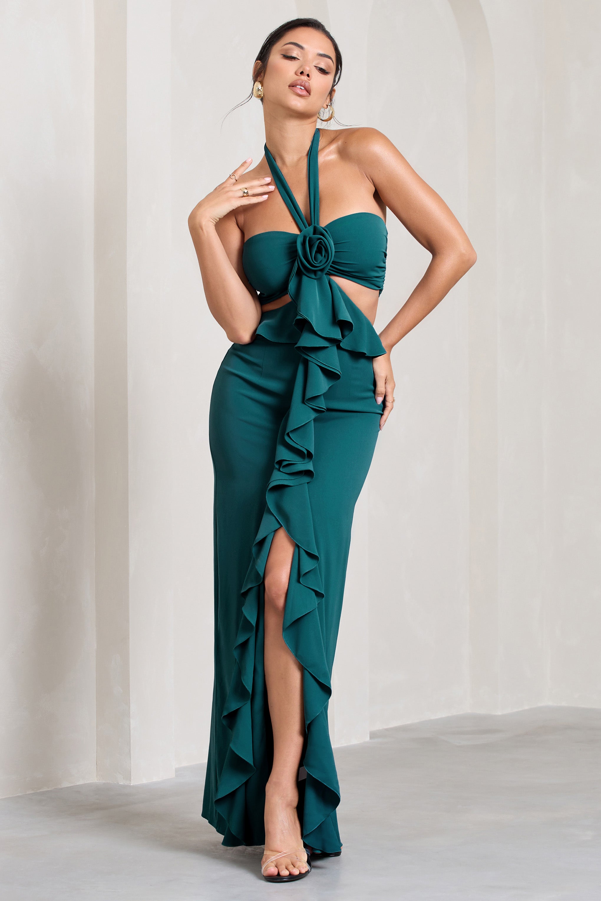 Powerful Petrol Blue Cut-Out Halter-Neck Maxi Dress With Flower & Ruffles-Fashionmomo.All Rights Reserved