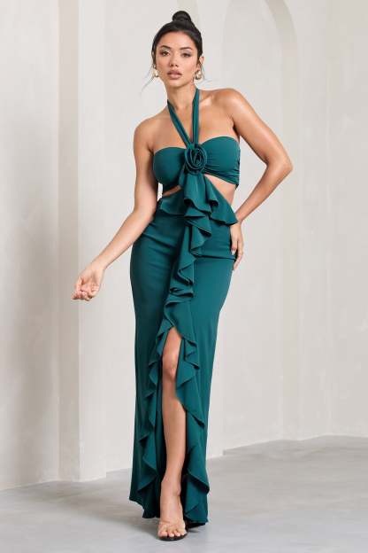 Powerful Petrol Blue Cut-Out Halter-Neck Maxi Dress With Flower & Ruffles-Fashionmomo.All Rights Reserved