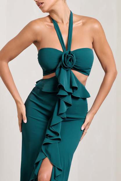 Powerful Petrol Blue Cut-Out Halter-Neck Maxi Dress With Flower & Ruffles-Fashionmomo.All Rights Reserved