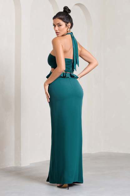 Powerful Petrol Blue Cut-Out Halter-Neck Maxi Dress With Flower & Ruffles-Fashionmomo.All Rights Reserved