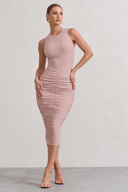 Antonia Champagne Sleeveless Ruched Bodycon Midi Dress-Fashionmomo.All Rights Reserved
