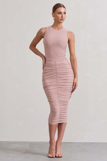 Antonia Champagne Sleeveless Ruched Bodycon Midi Dress-Fashionmomo.All Rights Reserved