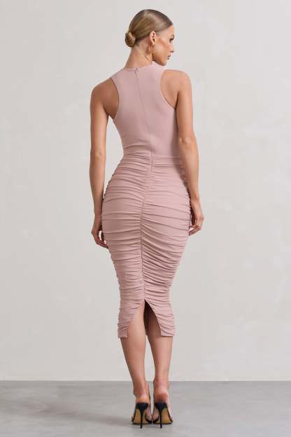 Antonia Champagne Sleeveless Ruched Bodycon Midi Dress-Fashionmomo.All Rights Reserved