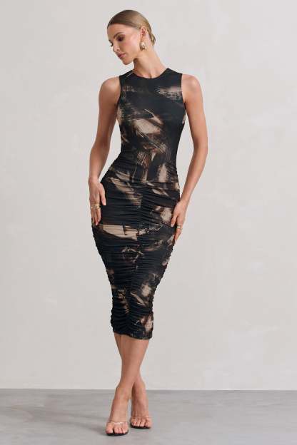 Antonia Brown Print Sleeveless Ruched Bodycon Midi Dress-Fashionmomo.All Rights Reserved