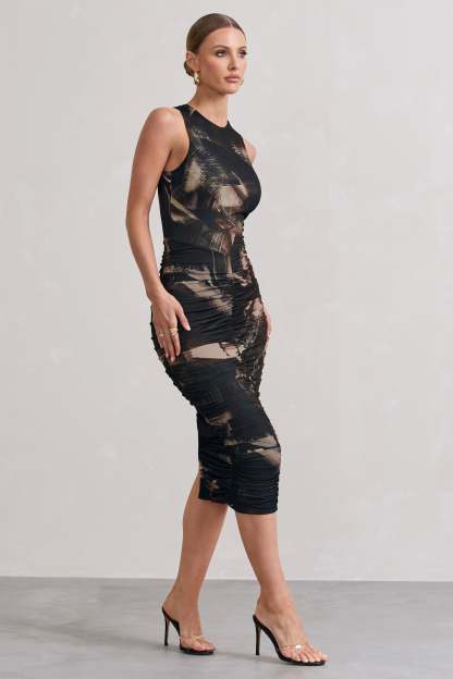 Antonia Brown Print Sleeveless Ruched Bodycon Midi Dress-Fashionmomo.All Rights Reserved