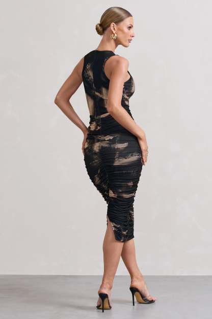 Antonia Brown Print Sleeveless Ruched Bodycon Midi Dress-Fashionmomo.All Rights Reserved