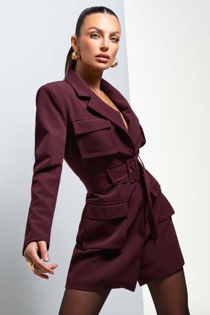 Genesis Plum Belted Utility Blazer Dress-Fashionmomo.All Rights Reserved