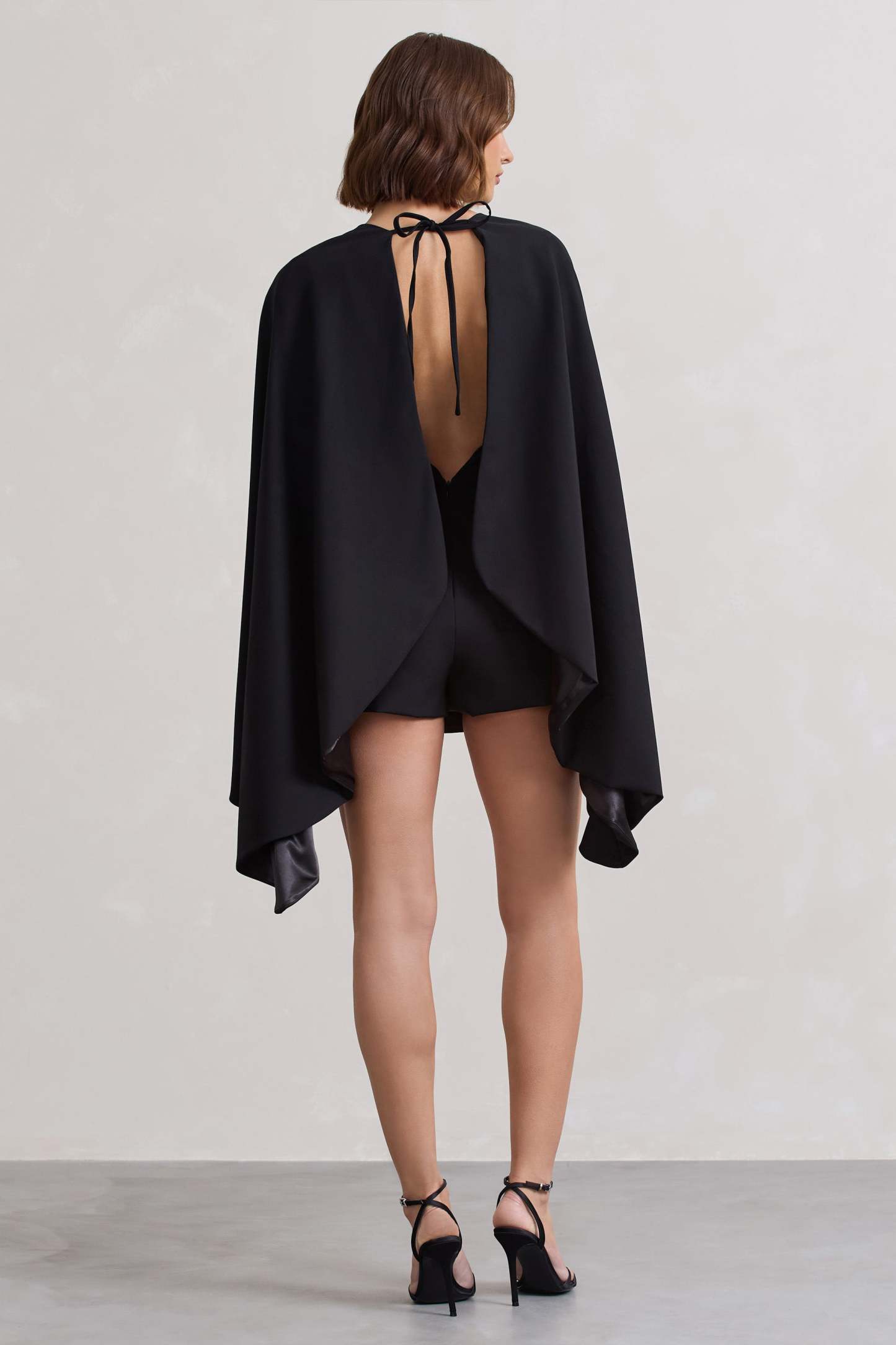 Presley Black Backless Skort Playsuit With Cape-Fashionmomo.All Rights Reserved