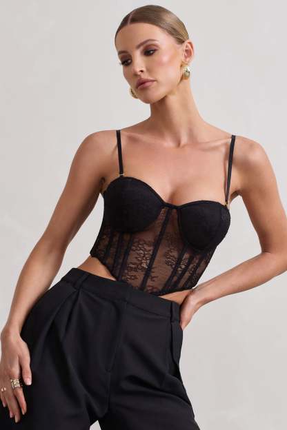 Imagination Black Lace Structured Corset Top-Fashionmomo.All Rights Reserved