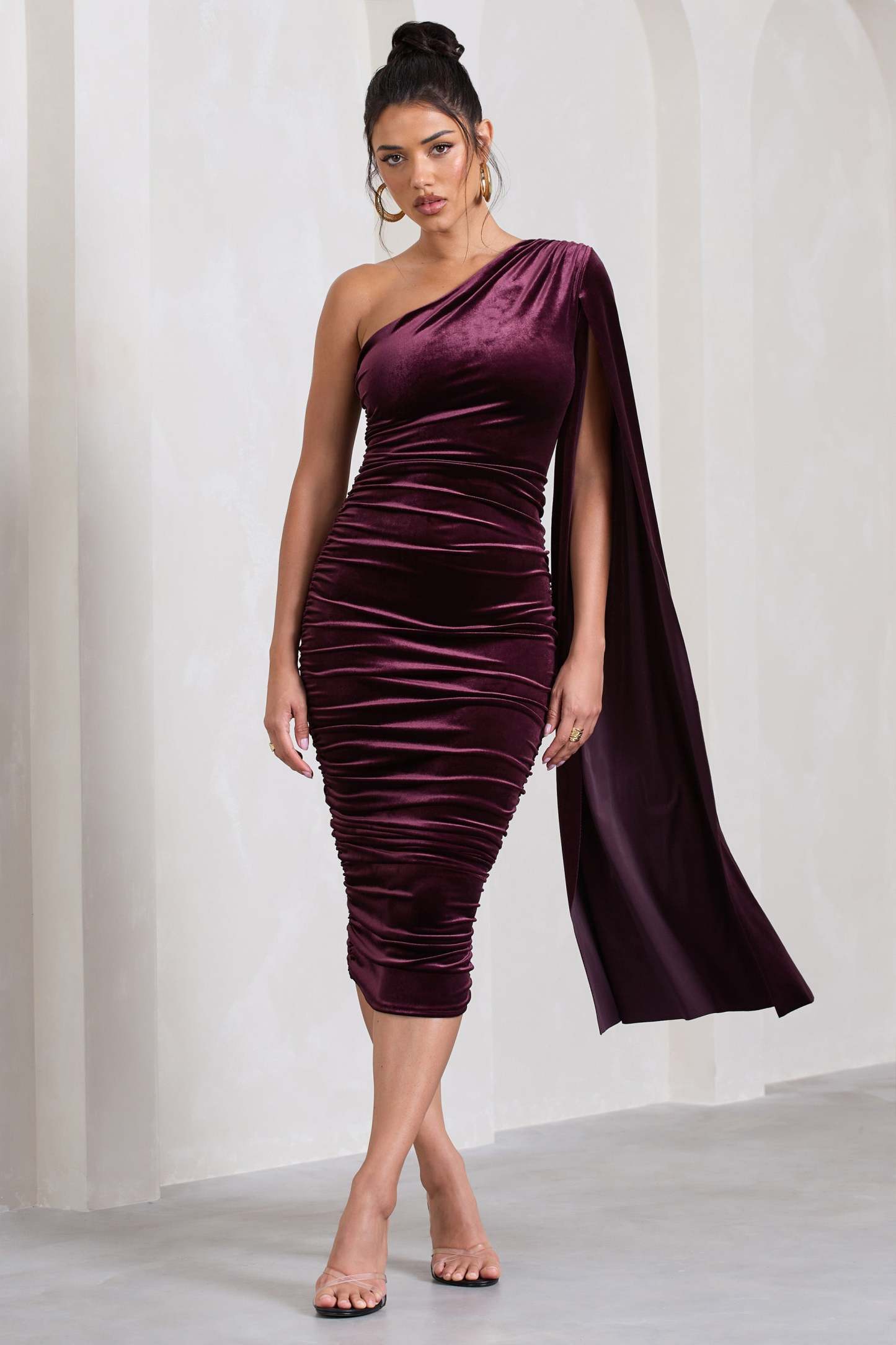 Gianna Port Velvet One Shoulder Cape Bodycon Midi Dress-Fashionmomo.All Rights Reserved