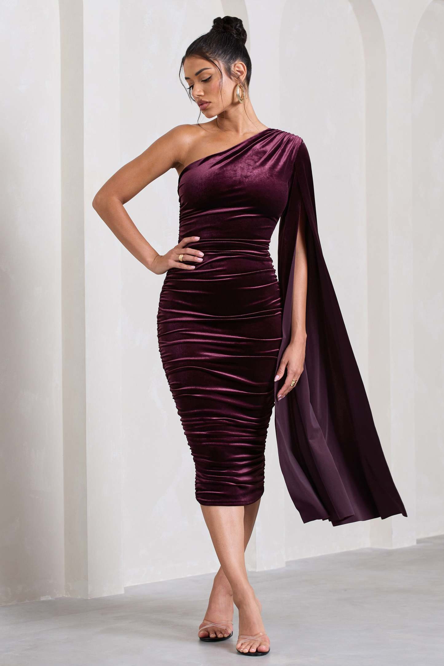 Gianna Port Velvet One Shoulder Cape Bodycon Midi Dress-Fashionmomo.All Rights Reserved