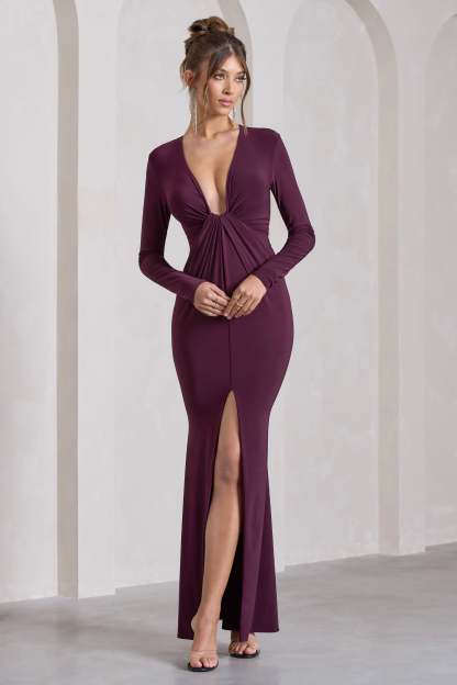 Aluna Plum Plunge-Neck Twisted Split Maxi Dress-Fashionmomo.All Rights Reserved