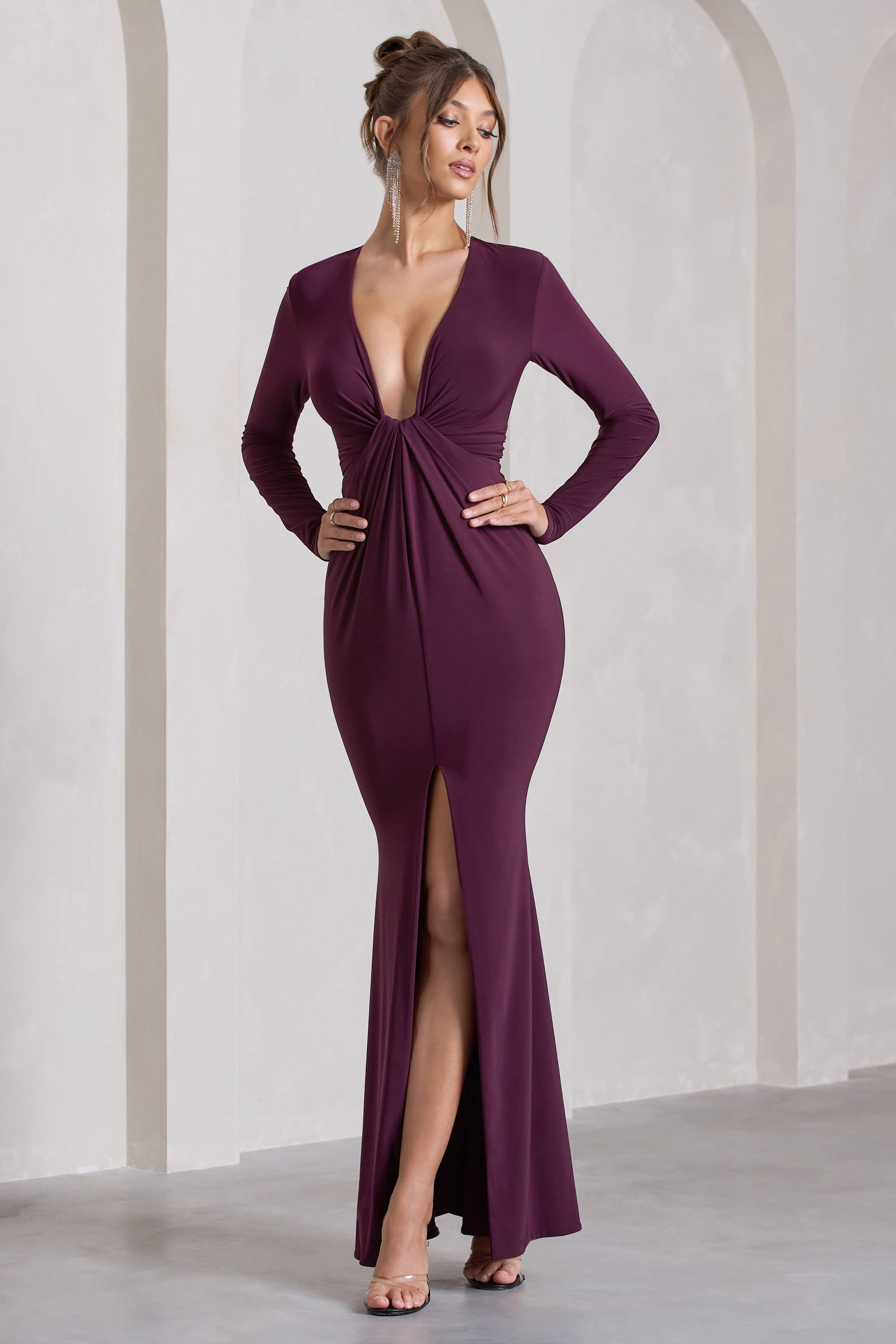 Aluna Plum Plunge-Neck Twisted Split Maxi Dress-Fashionmomo.All Rights Reserved