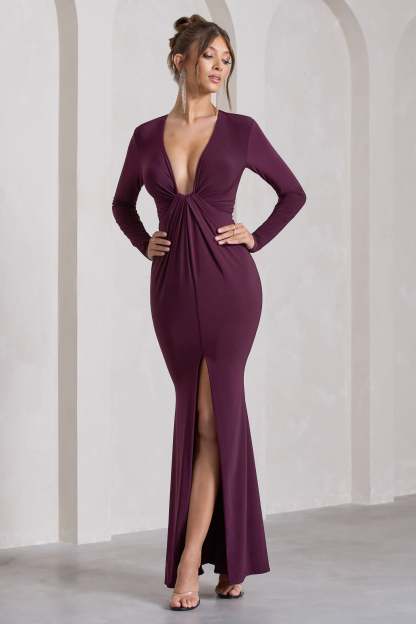 Aluna Plum Plunge-Neck Twisted Split Maxi Dress-Fashionmomo.All Rights Reserved
