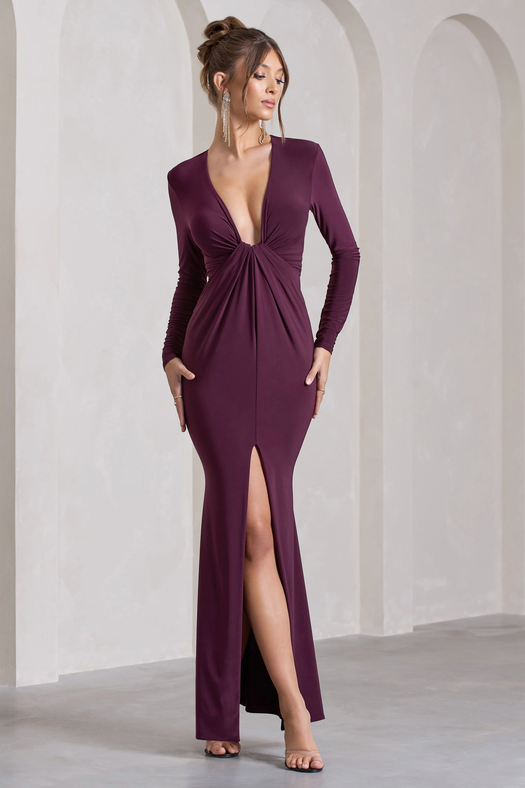 Aluna Plum Plunge-Neck Twisted Split Maxi Dress-Fashionmomo.All Rights Reserved
