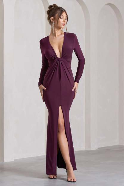 Aluna Plum Plunge-Neck Twisted Split Maxi Dress-Fashionmomo.All Rights Reserved