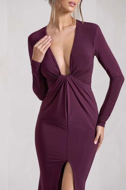 Aluna Plum Plunge-Neck Twisted Split Maxi Dress-Fashionmomo.All Rights Reserved